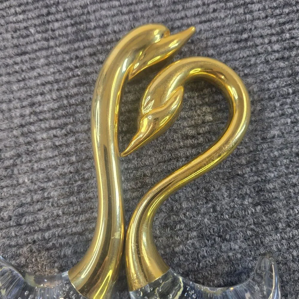 Set of 2 Glass and Brass Swan Figurines Vintage Decoration